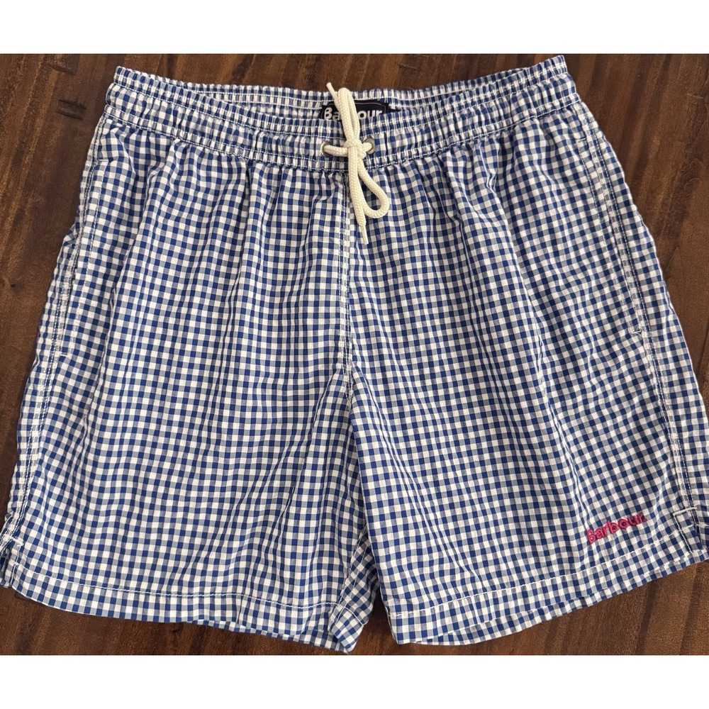 Barbour Men's Gingham Swim Shorts Blue White Mesh Lined Size S